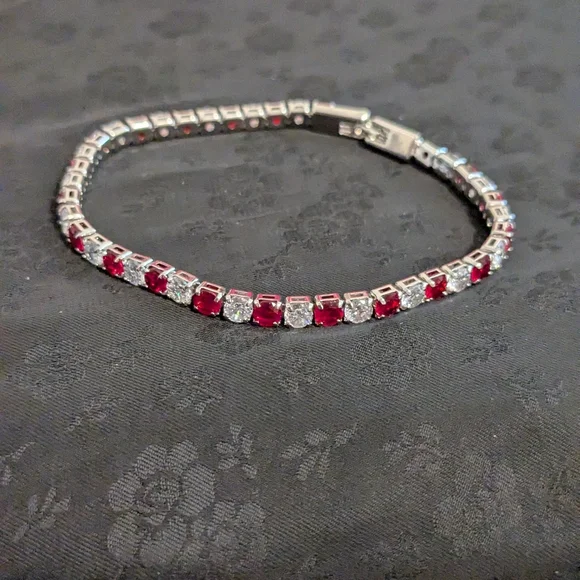 Elegant Red and White CZ Silver Tone Tennis Bracelet 7" - Picture 3 of 7